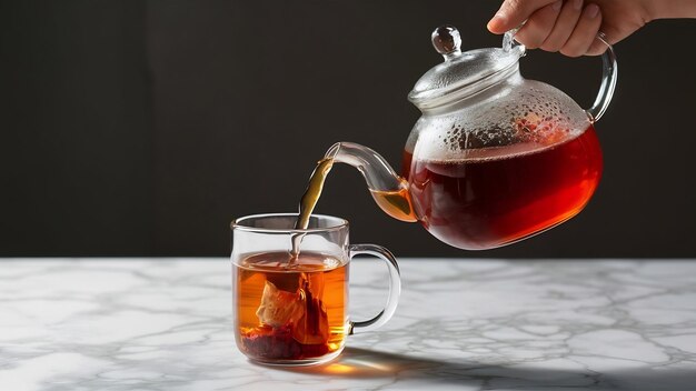 Transparent glass teapot pours tea in glass mug on marble table