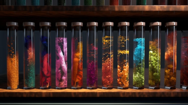 Transparent glass tubes with colorful liquid flame and shiny sparkles on black background