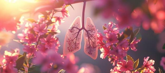 Transparent human lungs represents by spring flowers garden healthy clear heart medical concept