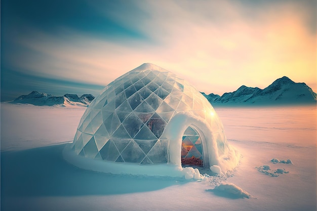 Transparent ice igloo in beautiful snowy arctic winter nature created with generative ai