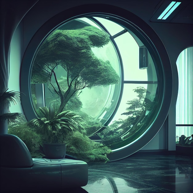 Transparent image of green planet with living space in scifi futuristic interior created with genera