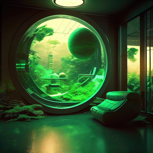 Transparent image of green planet with living space in scifi futuristic interior created with genera