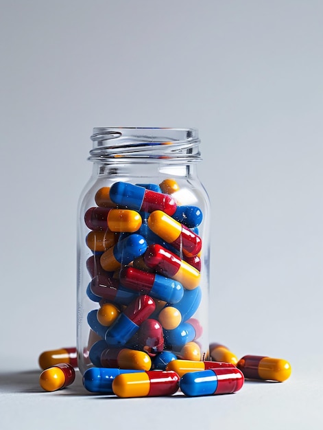 Transparent jar filled with colorful capsules on a light background concept of pharmaceuticals and m