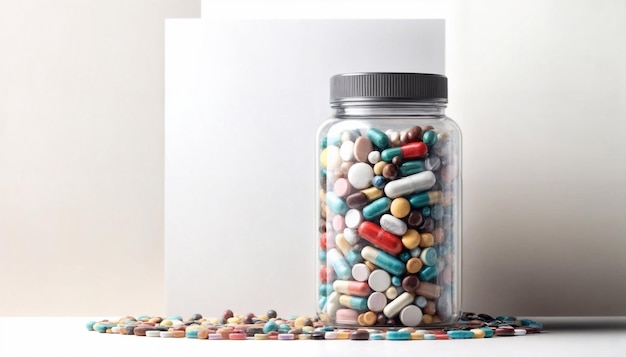 Transparent jar filled with a variety of colorful capsules and tablets