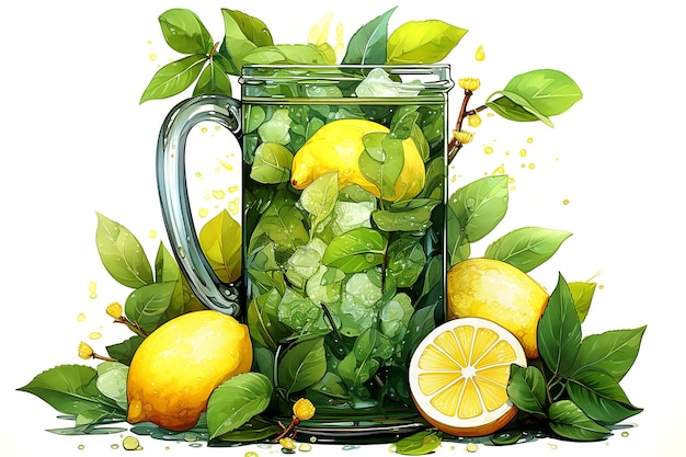 Transparent jug filled with lemons and mint leaves lemonade majito on background of fruits and leave