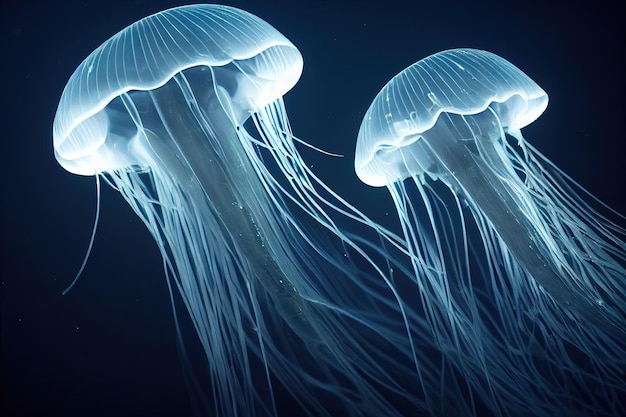 Transparent marine jellyfish moving in dark water