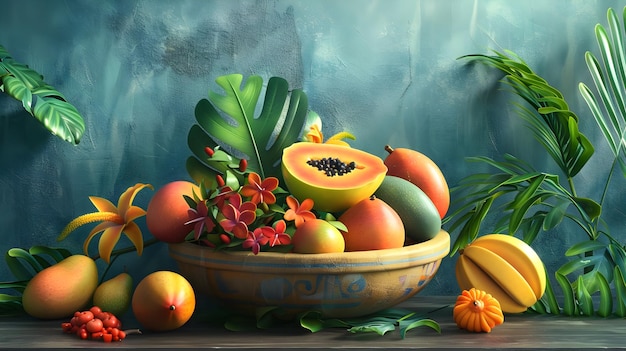 transparent object painting of a colorful arrangement of fruits and flowers on a wooden table