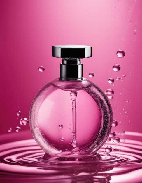 Transparent perfume bottle on pink background standing on water with macro shot of water drops