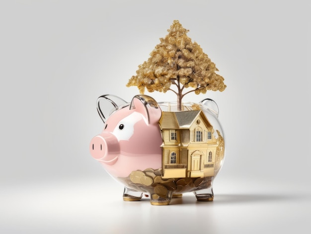 Transparent Piggy Bank Filled with Coins House and Tree isolated on white background mortgage