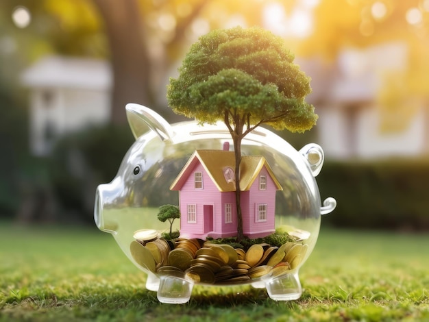 Transparent Piggy Bank Filled with Coins House and Tree mortgage or house purchase Real Estate