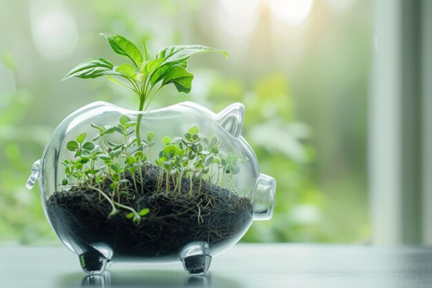 Photo transparent piggy bank with growing tree symbolizing sustainable finance green investment