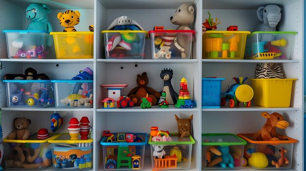 Photo transparent plastic containers with various childrens toys on shelves organizing and generative ai