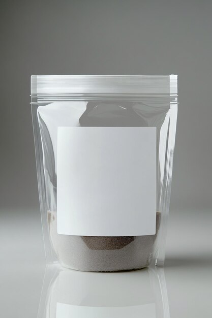 Transparent plastic pouch filled with product with blank label for branding mockup