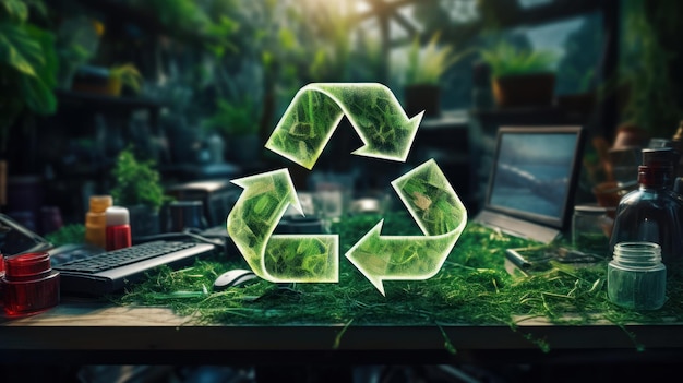 Transparent plastic recycling symbol on the background of home workplace of a designer or artist Ecological interaction and waste recycling priority Environmental sustainable development concept