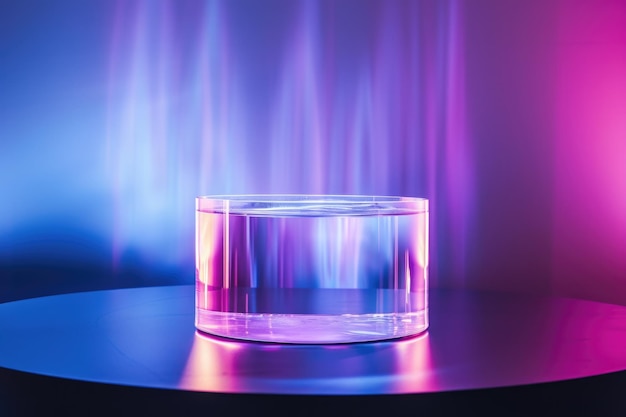 Transparent podium for product display on holographic background