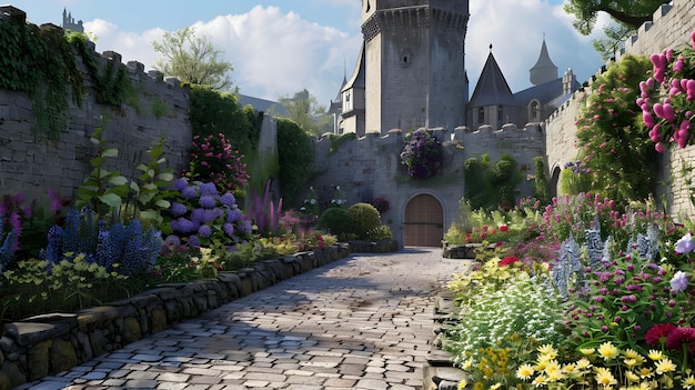 transparent psd a castle surrounded by colorful flowers and a stone wall with a brown wooden door in the foreground and a white cloud in the background