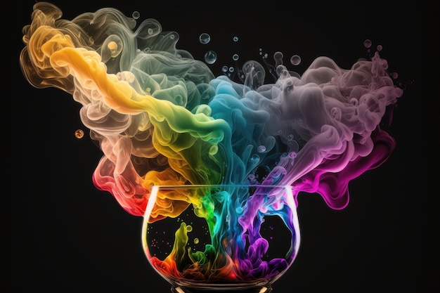 Transparent rainbow steam fume explosion on black background