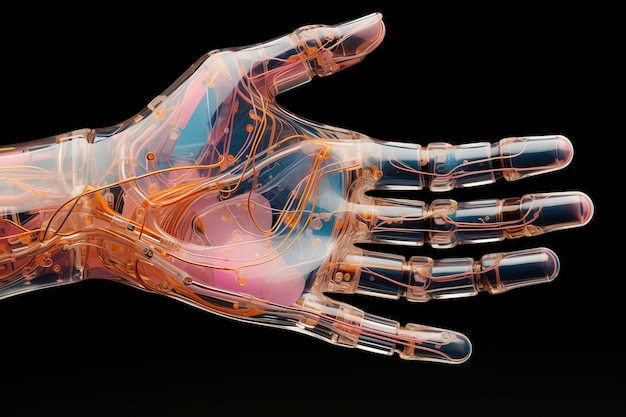 Photo a transparent robotic hand reveals detailed internal wiring and mechanics