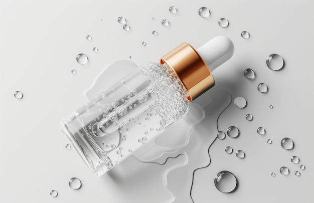 Photo transparent serum dropper bottle with effervescent bubbles on a moisturekissed surface squalane