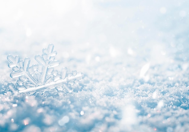 Transparent snowflake close up. winter greeting card