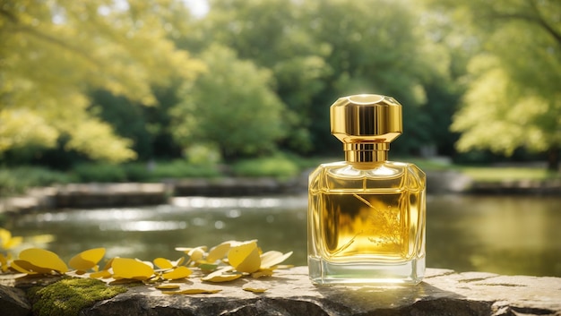 A transparent squareshaped perfume bottle with a golden cap is sitting on a stone slab near a pond