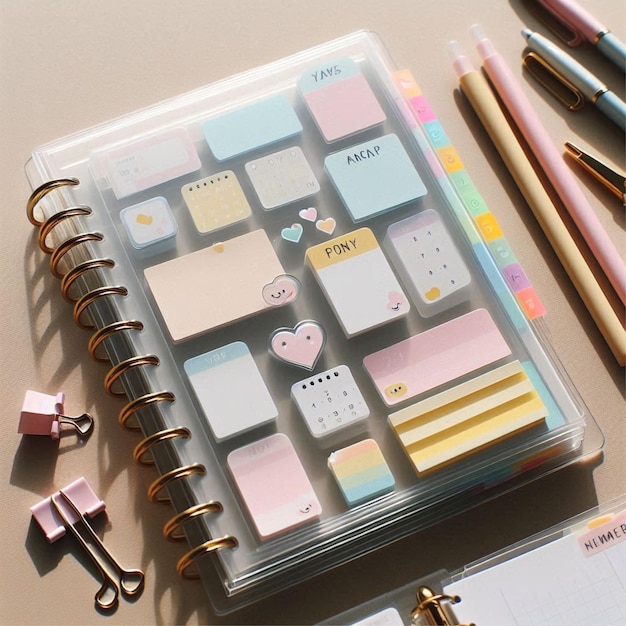 Photo transparent sticky notes layered on top of clear planner