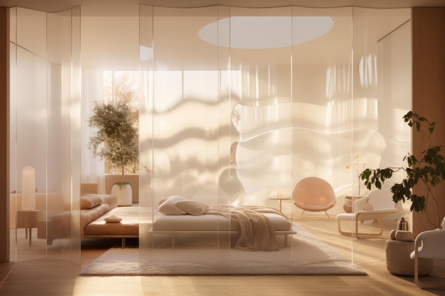 Transparent and transformative a frosted glass partition bathes the space in a gentle glow offering