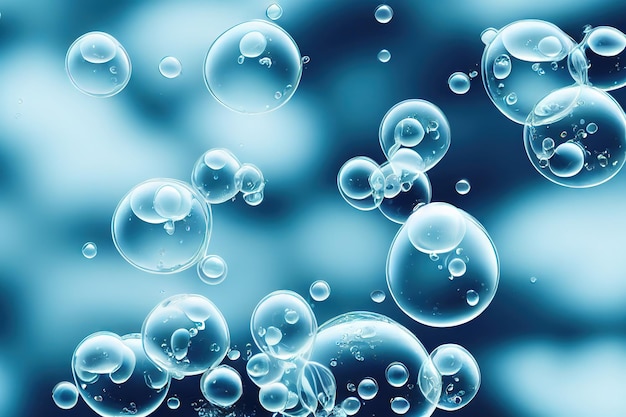 Transparent water bubbles with small drops on blue background