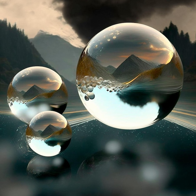 Transparent water spheres against a stunning backdrop of mountains and water Reflection of the land