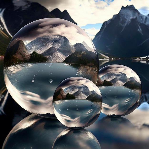 Transparent water spheres against a stunning backdrop of mountains and water Reflection of the land