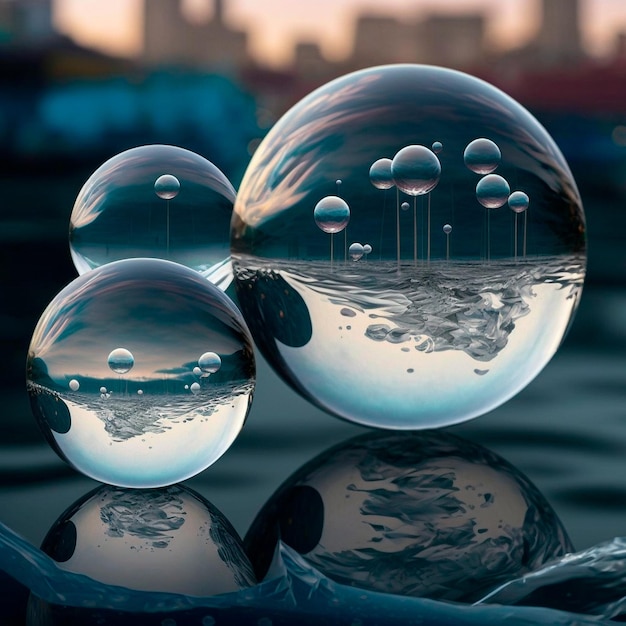 Transparent water spheres against a stunning backdrop of mountains and water Reflection