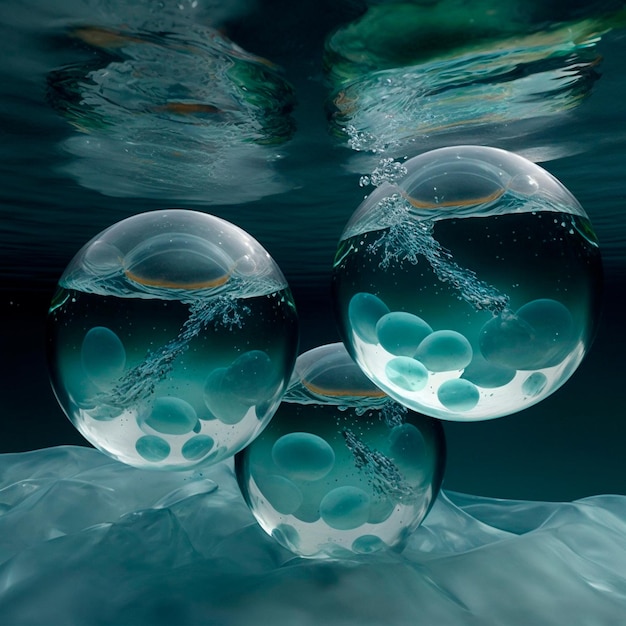 Transparent water spheres against a stunning backdrop of mountains and water Reflection