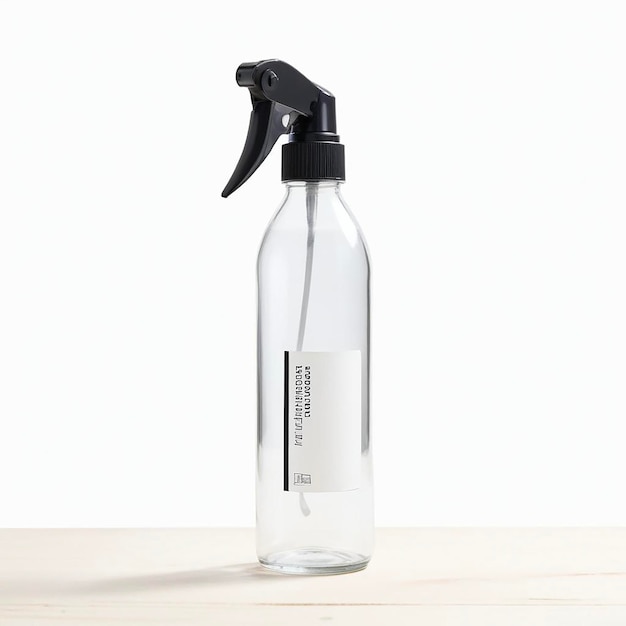 Photo transparent water spray bottle with black cap on wooden background