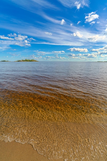 A transparent wave runs on the golden sand on the beach