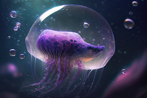 Transparent with purple spots fantastic jellyfish in space floating near planet