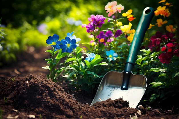 Transplanting seedlings flowers into the ground with a garden shovel Generative AI 1