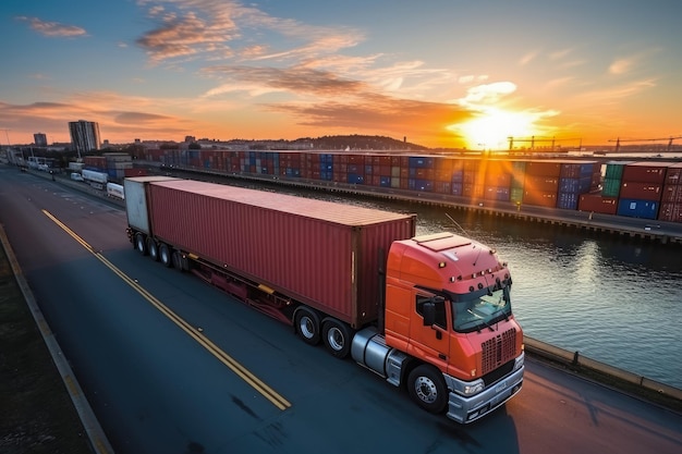 Transport industry of container cargo Container Truck run on highway road at sunset background