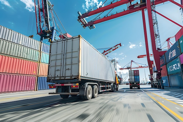 Transport of large container cargo truck at busy yard in commercial seaport illustrating logistics