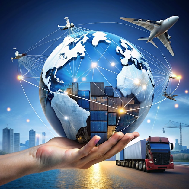 Transport and logistics Hand holding global network connection of logistics and cargo distribution goods