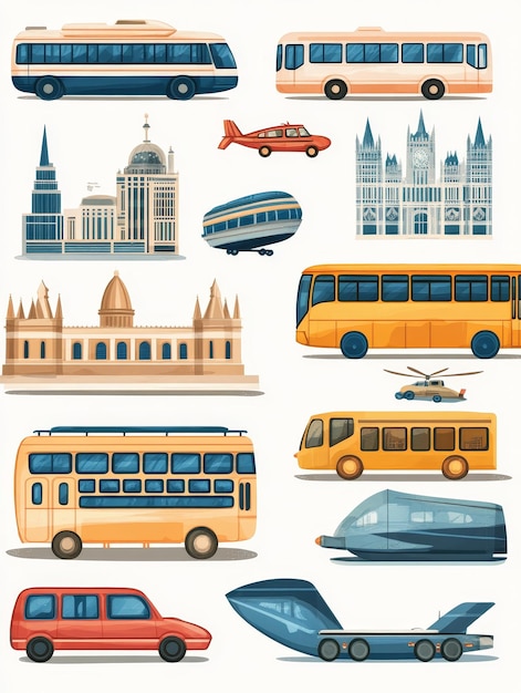 Transportation and Architecture Illustration Set