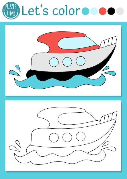 Photo transportation coloring page for children with speedboat vector water transport outline illustration with cute boat color book for kids with colored example drawing skills printable worksheetxa