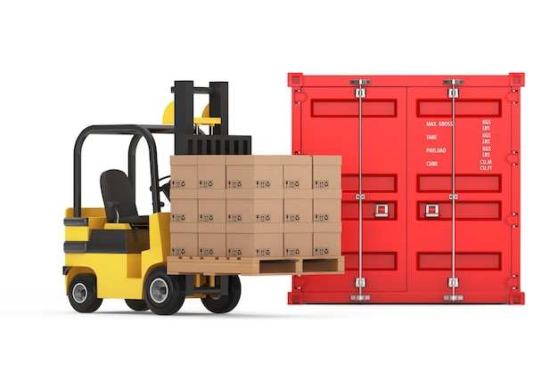 Transportation Concept. Forklift with Cardboard Boxes near Shipping Container on a white background