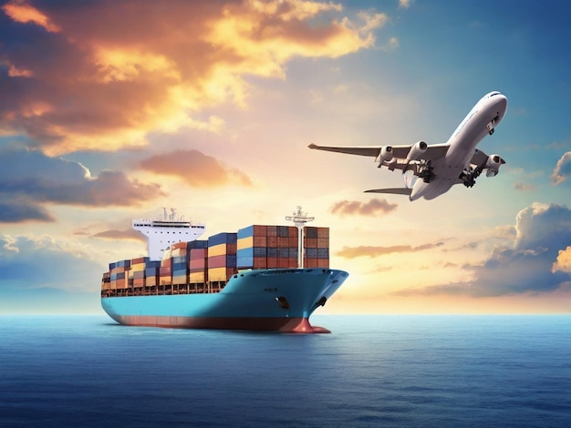 Transportation and logistics of Container Cargo ship and Cargo plane