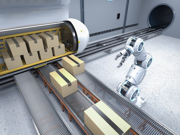 Transportation technology with 3d rendering robot carry cardboard boxes to automation train