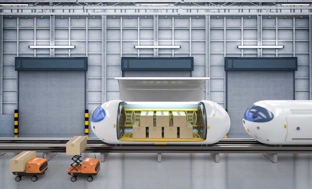 Transportation technology with 3d rendering robot carry cardboard boxes to automation train