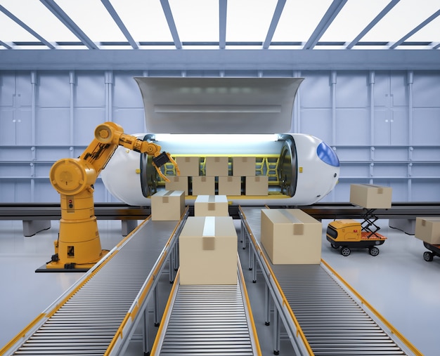 Transportation technology with 3d rendering robot carry cardboard boxes to automation train