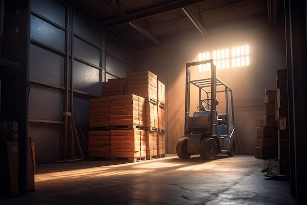 Transportation warehouse sun logistic cargo box delivery forklift distribution storage Generative AI