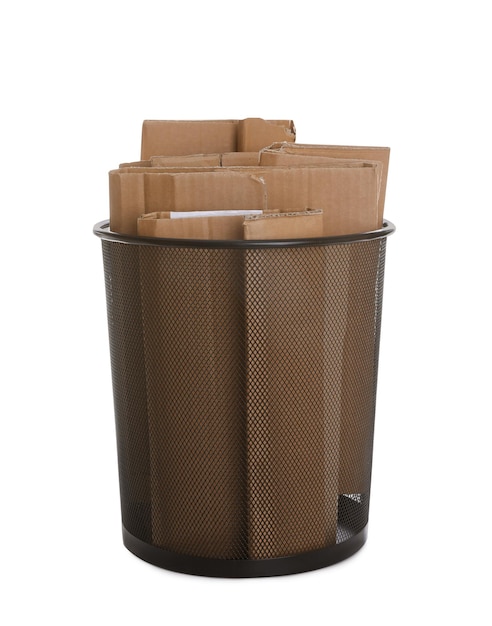 Trash bin full of cardboard on white background Recycling rubbish