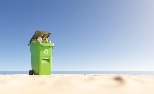 Trash bin on sandy beach