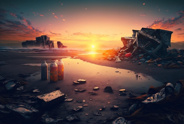 Trash by the beach with sunset generative AI